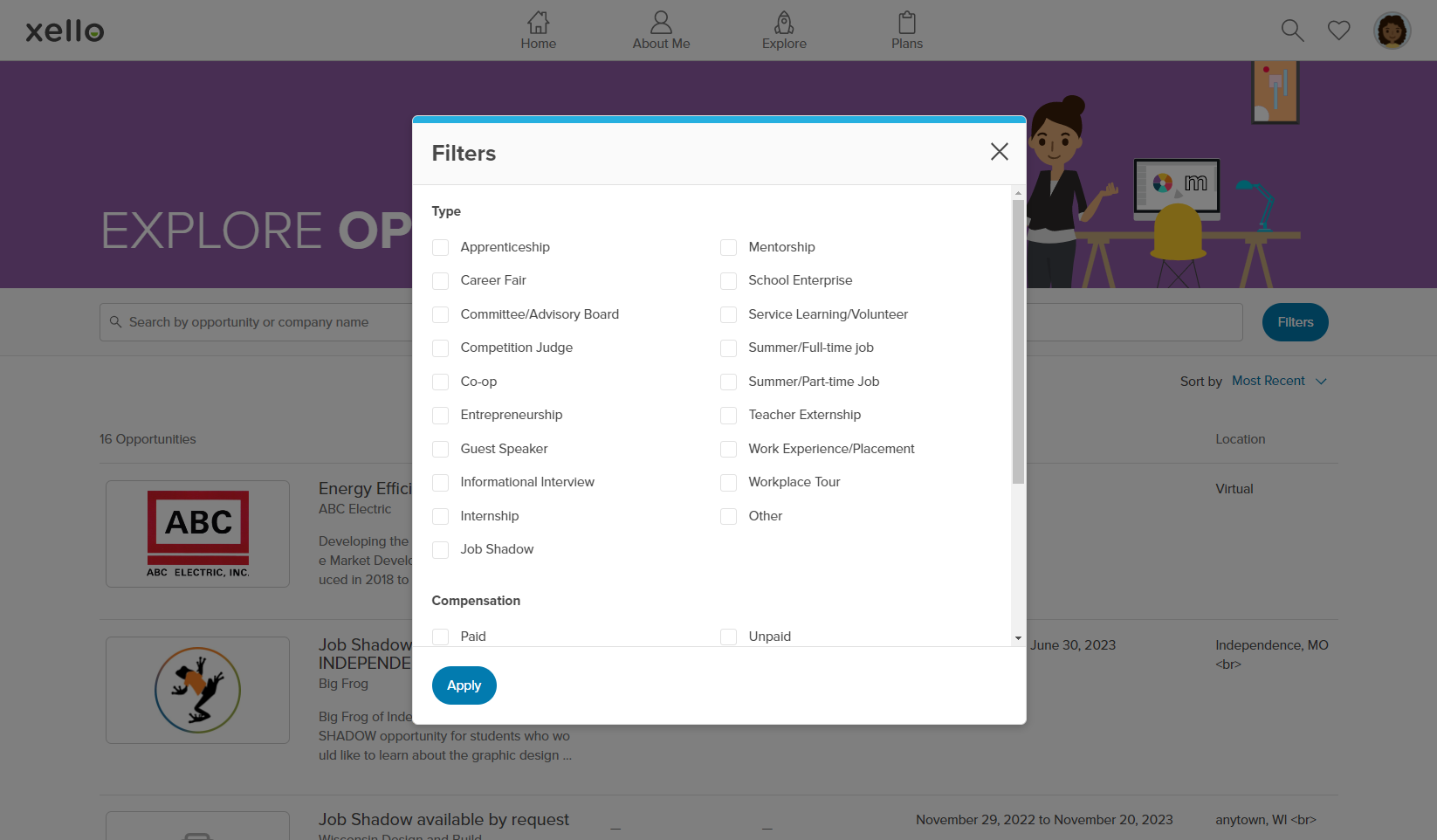 Available filters for students in Opportunities